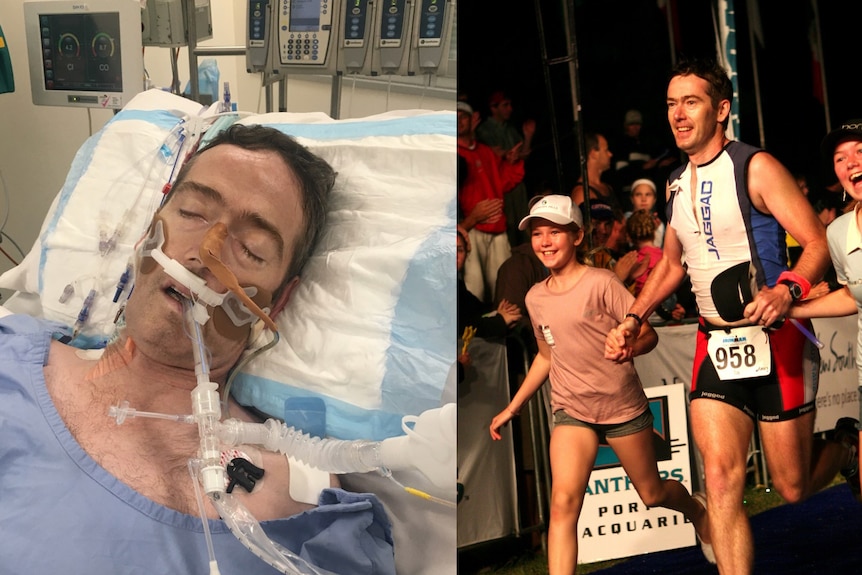 Man in serious condition in hospital, and same man crossing Ironman finish line with daughters