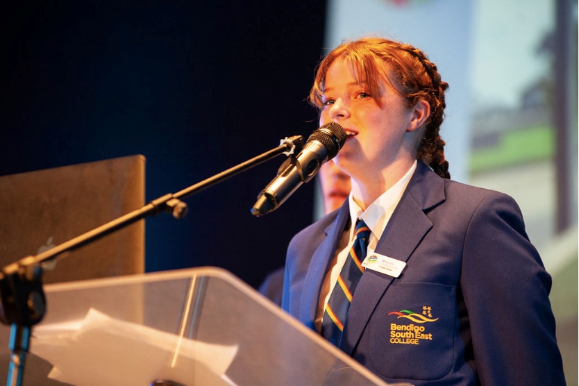 18-year-old Macedon Ranges Young Citizen of the Year Miranda Johnson-Jones speaking at a school event