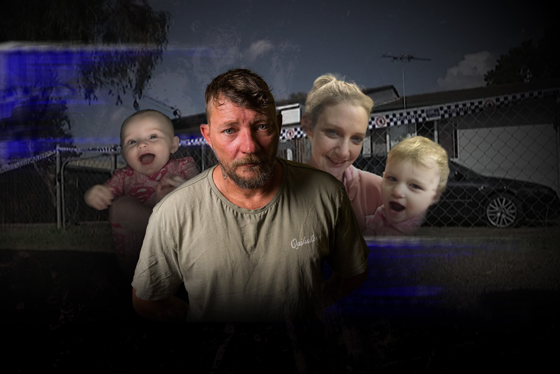 A designed image showing Darcey and Chloe, Kerri-Ann Conley and Peter Jackson in front of a house.