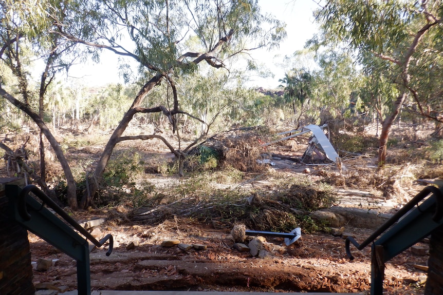 Bushland damaged from floods is strewn across the land