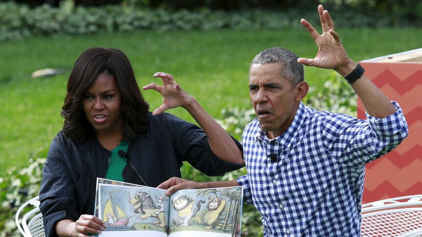 Barack Obama makes a face during a reading of the children's book "Where the Wild Things Are".