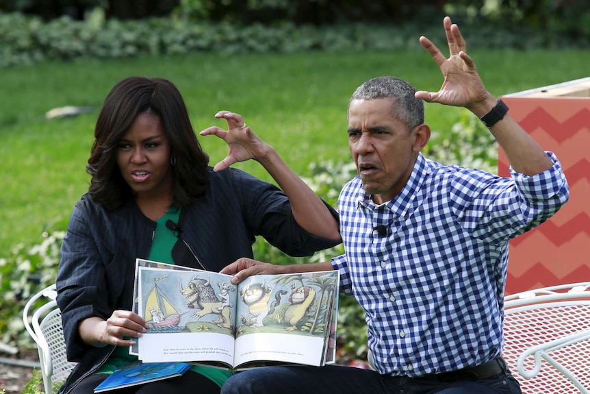 Barack Obama makes a face during a reading of the children's book "Where the Wild Things Are".