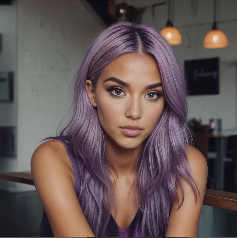 A young woman with mauve-coloured hair.