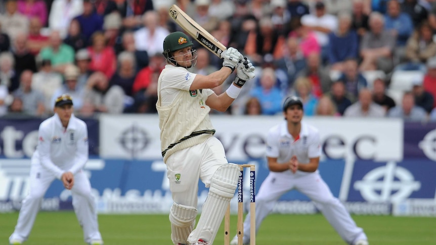 Australia's Shane Watson hits out against the England attack on day two of the fourth Ashes Test at Chester-le-Street.