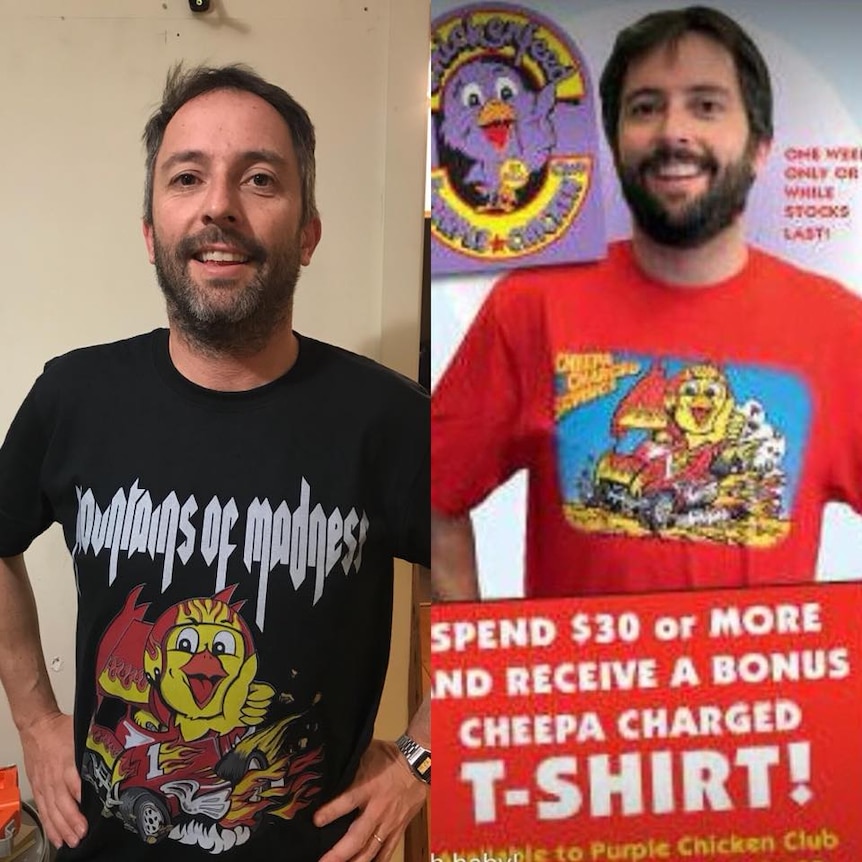 two photos next to each other of a man in chickenfeed tshirts several years apart