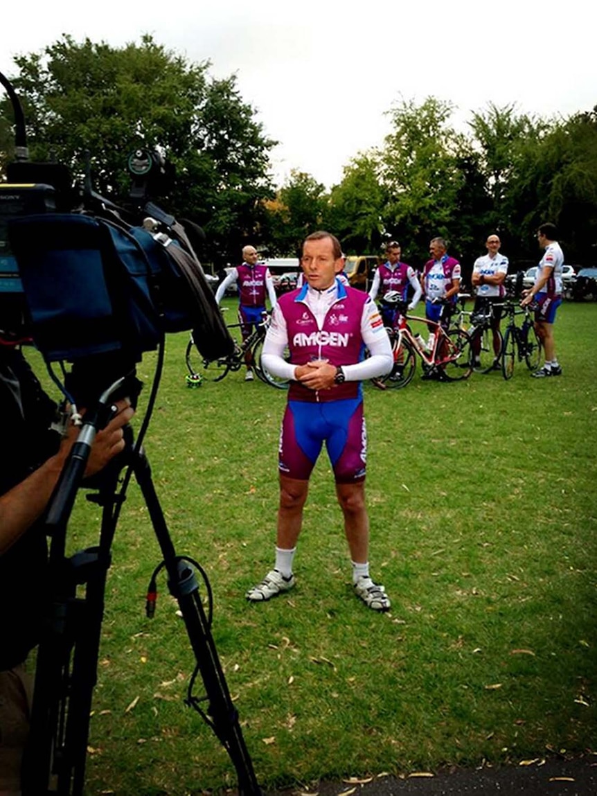 Tony Abbott speaks to media before the start of the 2013 Pollie Pedal