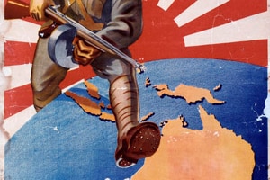 He's Coming South - It's fight, work or perish (Propaganda poster referring to the threat of Japanese invasion. A Japanese so...