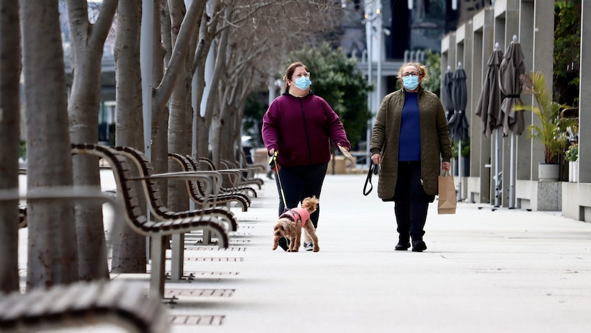 two women walking wearing masks