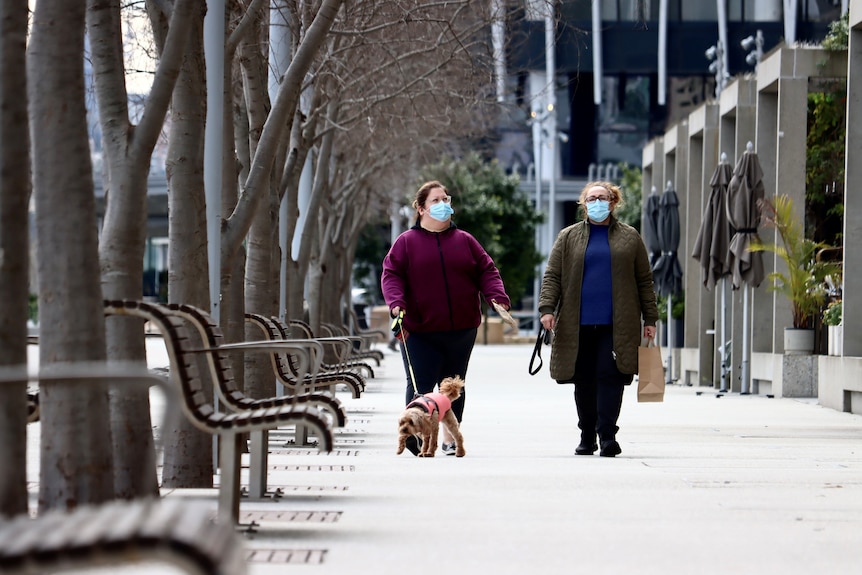 two women walking wearing masks