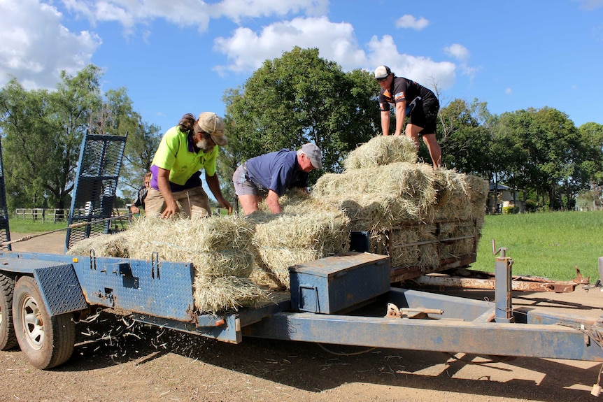 Bill Angus (centre) loading his hay on to a trailer ahead of flooding