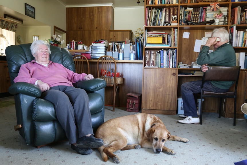 Harry and Diana Gibson in their loungeroom with the family dog Clover.