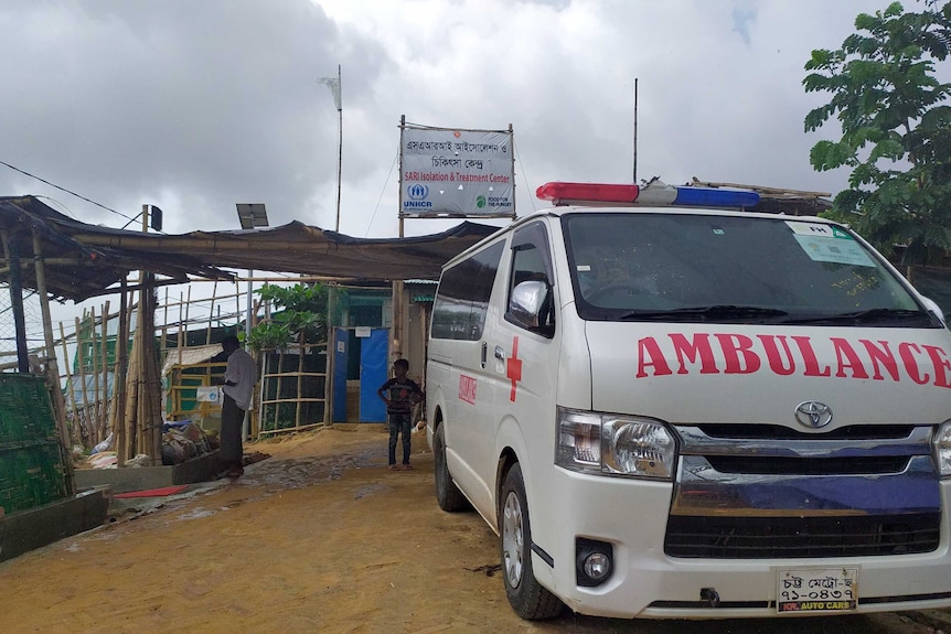 An ambulance parked out the front of the Bazar refugee camp.