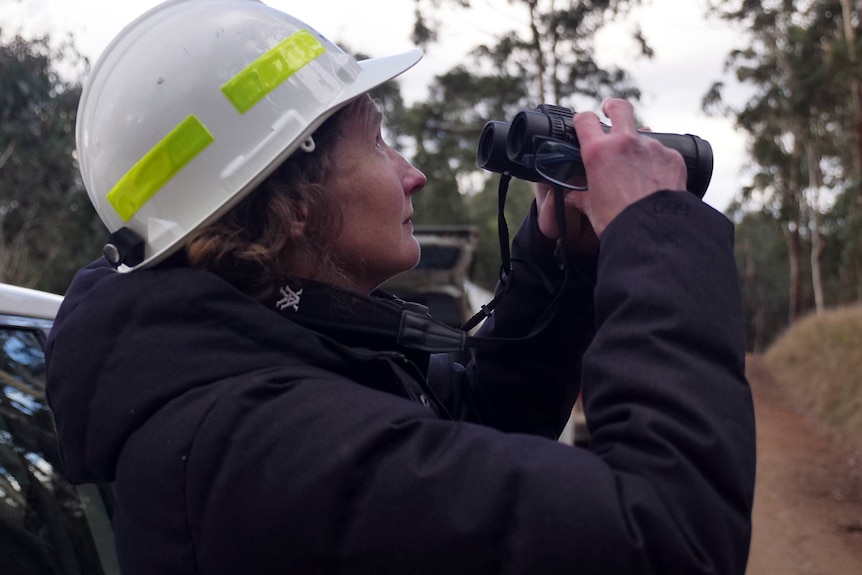 A woman stands on a remote dirt road with a pair of binoculars.