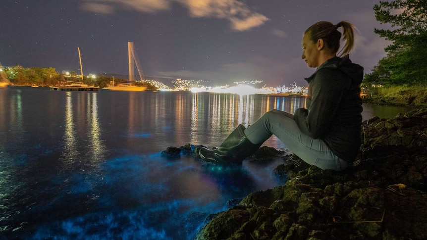 A girl sitting on the water's edge, where there is bioluminescence in the water on Hobart's eastern shore.
