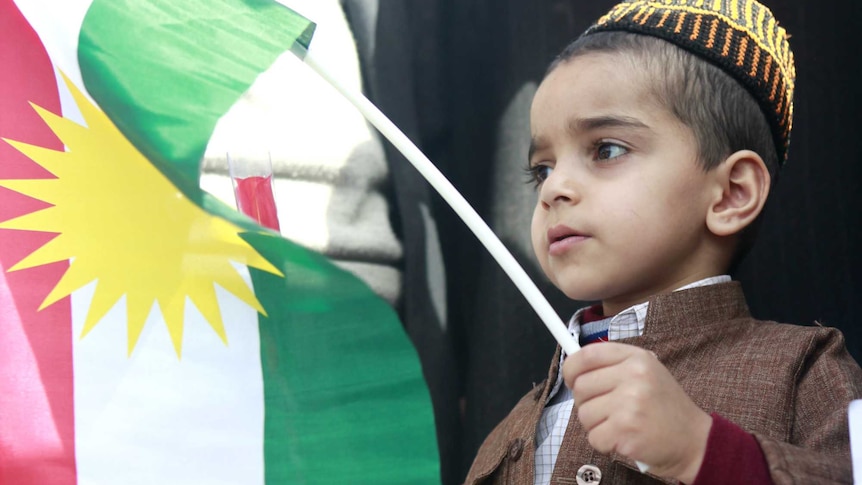 A Kurdish boy holds a flag at a demonstration in Iraqi Kurdistan