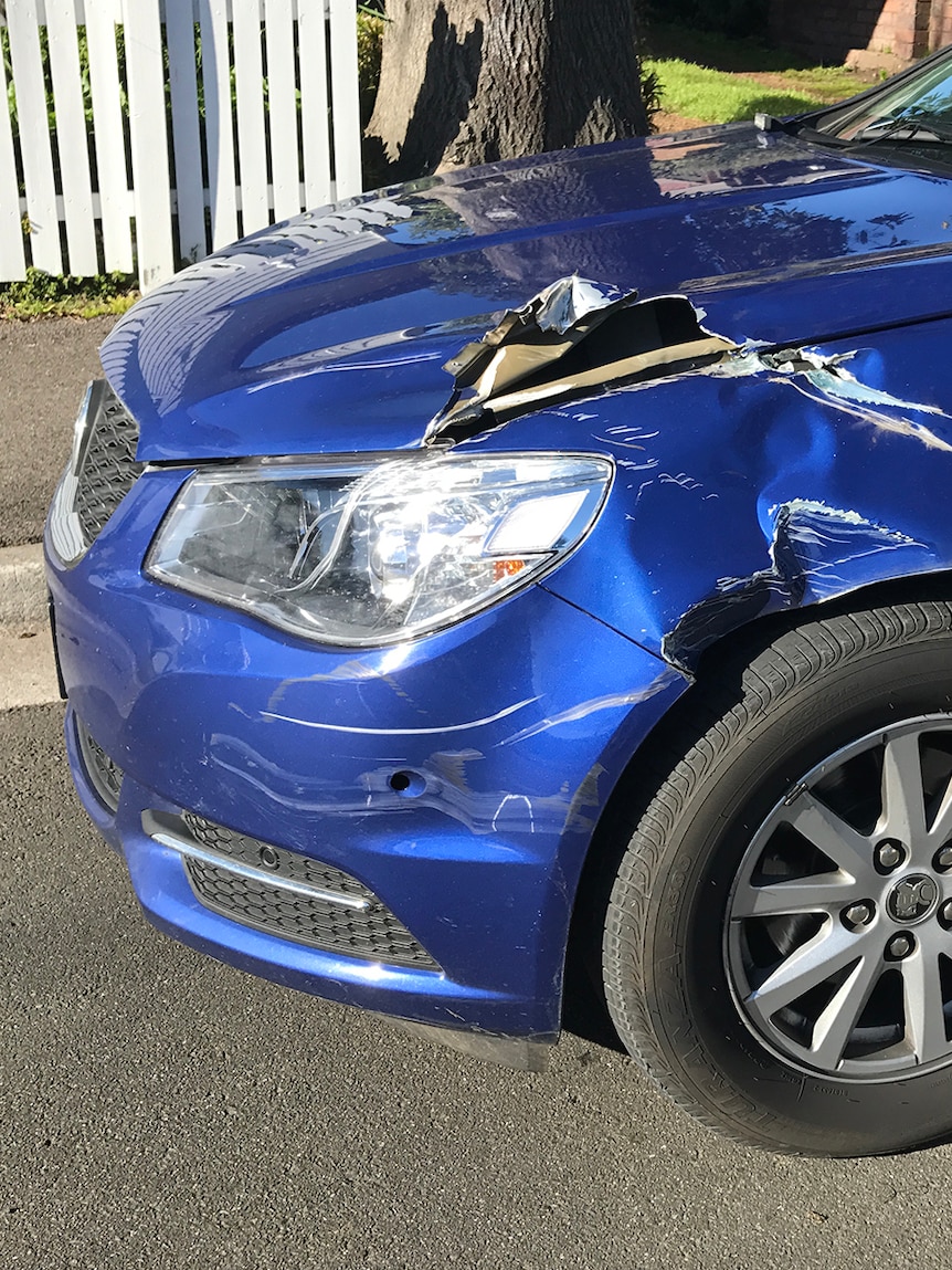 A police car damaged during an alleged 'evade police' incident.