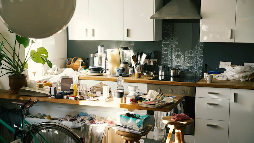 Messy apartment with countertops covered in clutter.