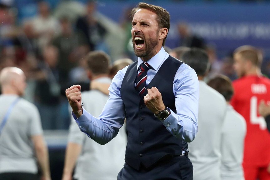 England manager Gareth Southgate celebrates after his side's World Cup win over Tunisia.