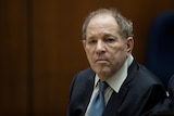 Harvey Weinstein sits in suit and tie in a court room. 