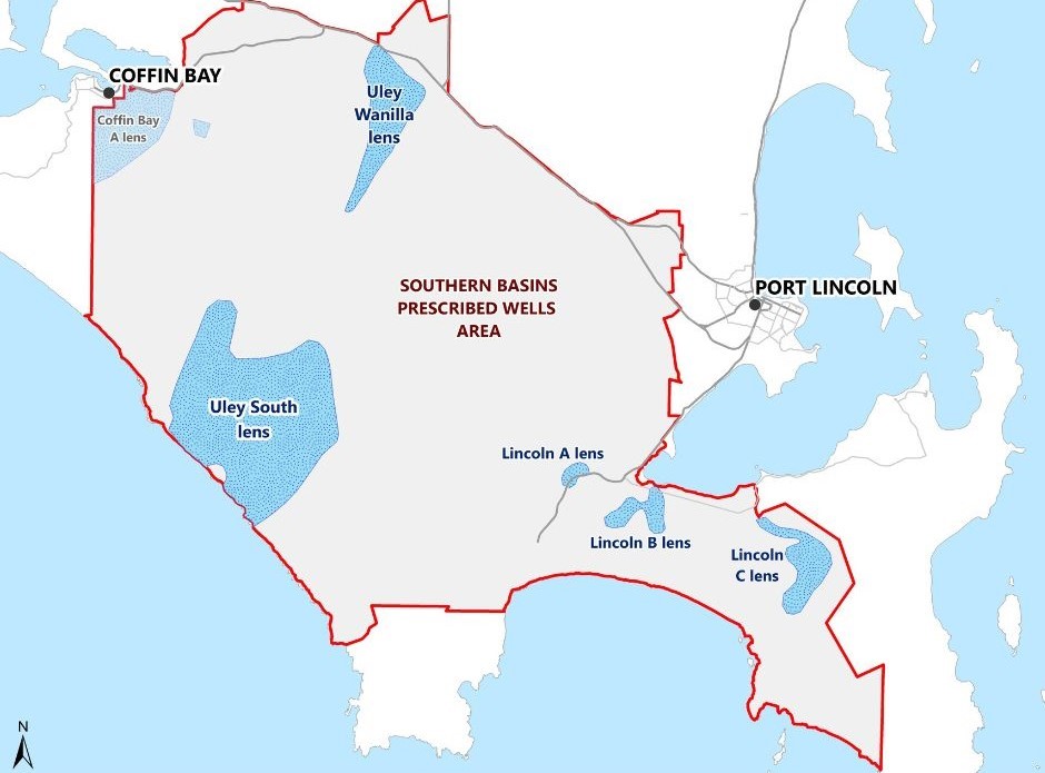 An image of a map showing different water sources in Eyre Peninsula. 