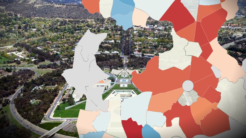 A red and blue map of Canberra suburbs with an aerial shot in the background.