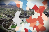 A red and blue map of Canberra suburbs with an aerial shot in the background.