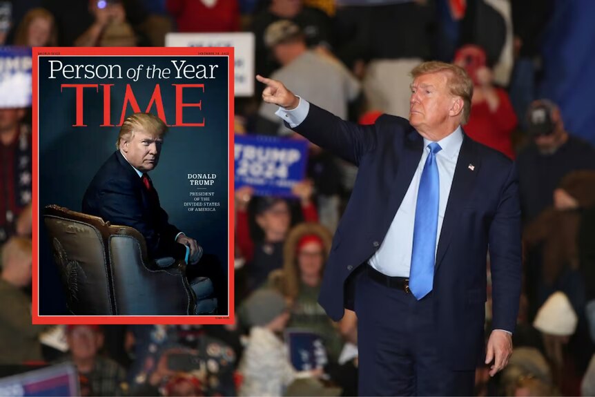 Donald Trump with his person of the year magazine cover as inset 