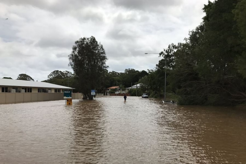 A woman attempts to wade through floodwaters on residential street near Chinderah