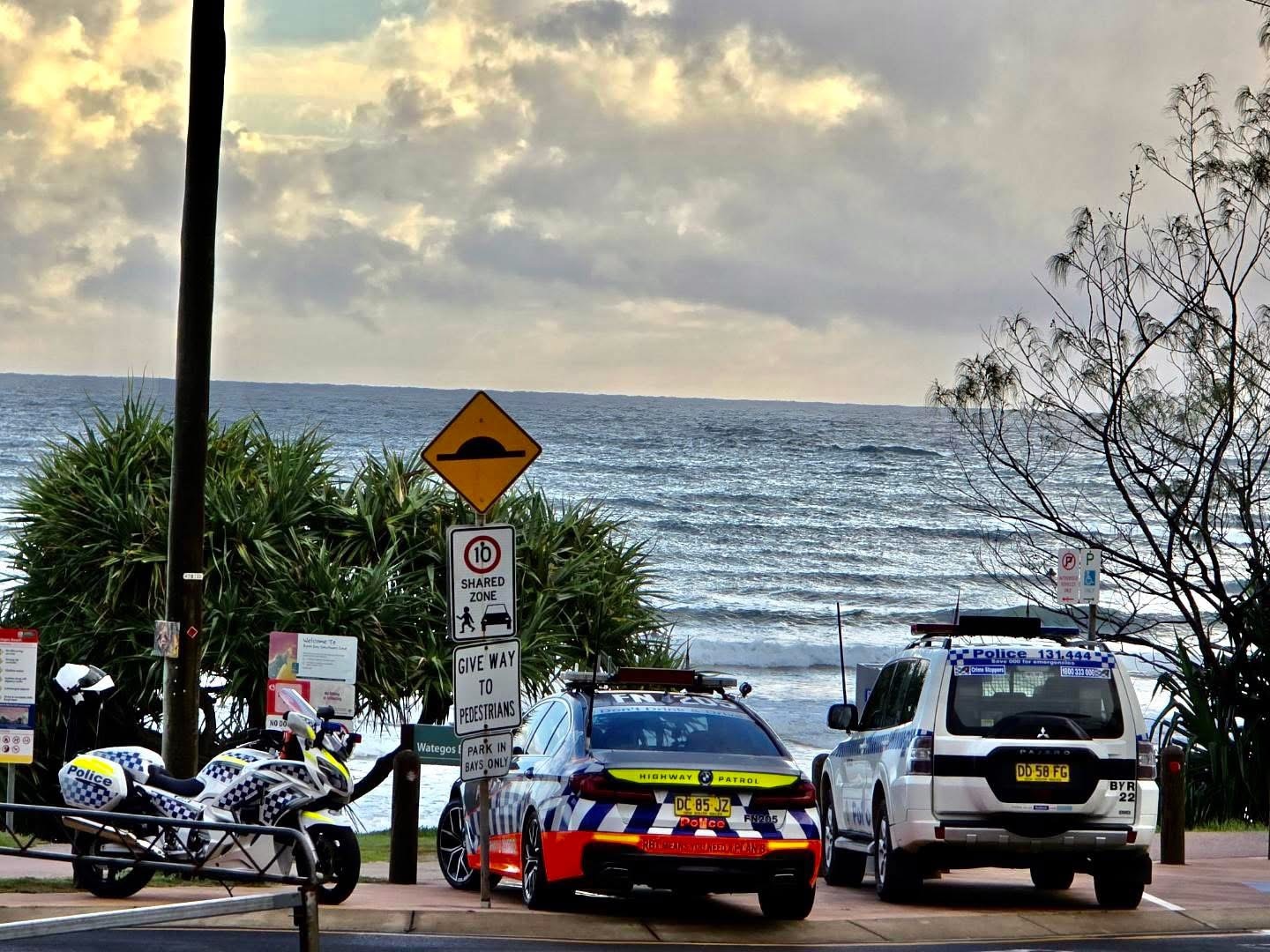 A police motorcycle, car, and wagon parked in front of trees and a beach.