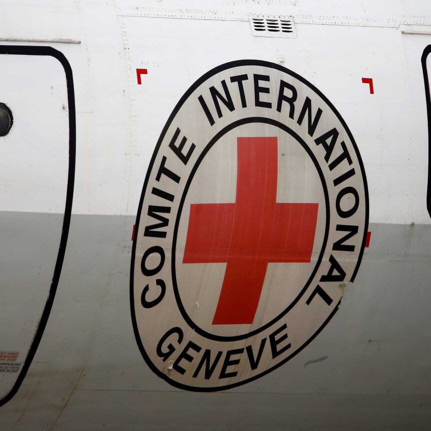 An airplane with the International Committee of the Red Cross emblem near its door