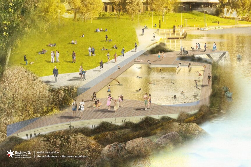 An artist impression of a pool within a river next to a city park