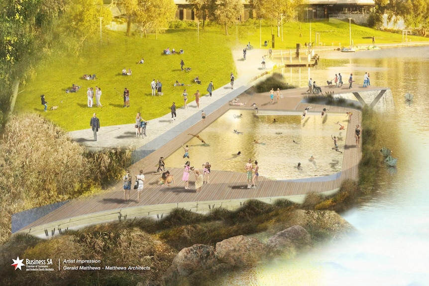 An artist impression of a pool within a river next to a city park