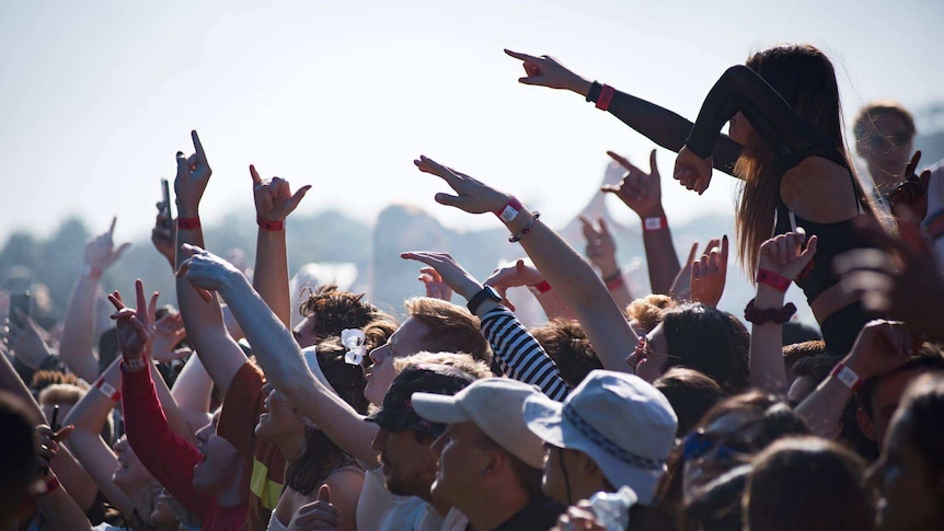 People put their hands in the air at a music festival.