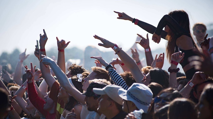 A crowd of festival goers dancing at the Listen Out Festival in Sydney.