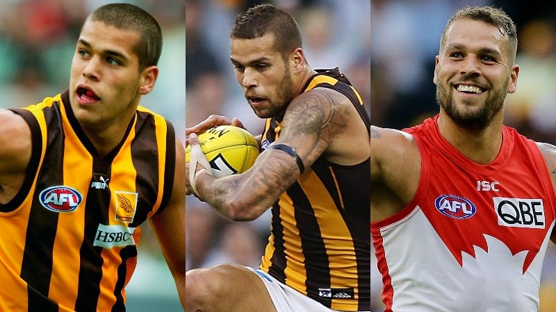 A young Lance Franklin in Hawthorn kit in 2005, older in 2013 and in a Sydney jersey in 2018