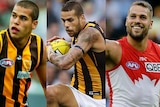 A young Lance Franklin in Hawthorn kit in 2005, older in 2013 and in a Sydney jersey in 2018
