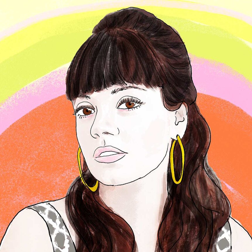 An illustration of London singer-songwriter Lily Allen with beehive hairstyle & gold hoop earrings against a rainbow background