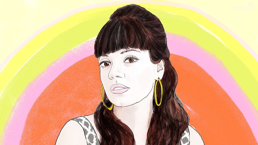 An illustration of London singer-songwriter Lily Allen with beehive hairstyle & gold hoop earrings against a rainbow background