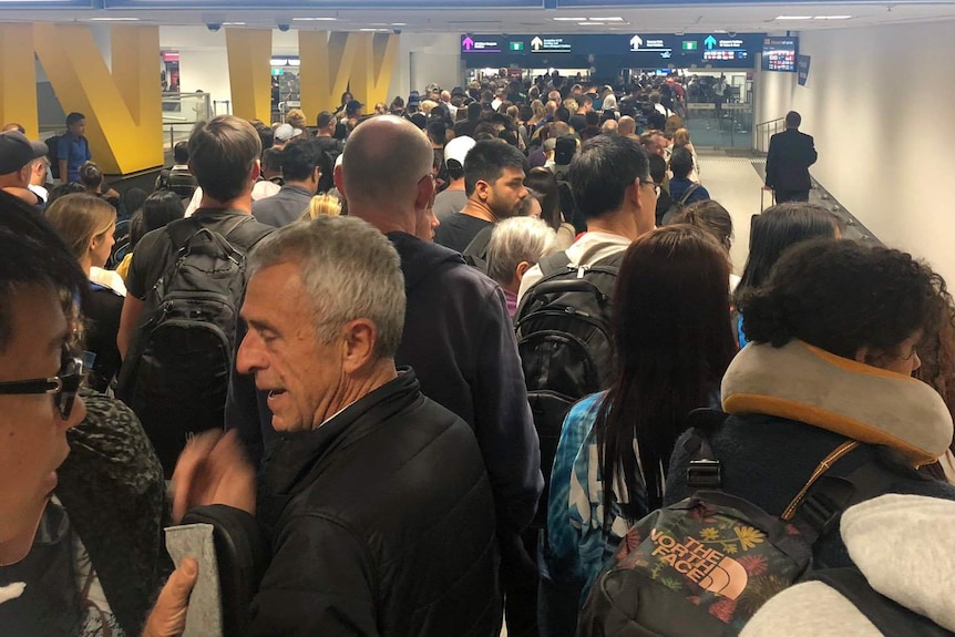 乘客在悉尼国际机场排起长队。