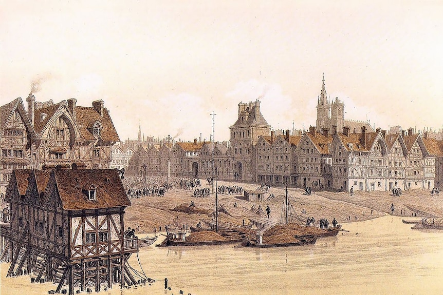 An illustration shows a portrait of medieval Paris in sepia tones, looking from a river crossing.
