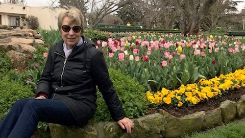 A woman sits on a rock wall next to a garden of tulips.