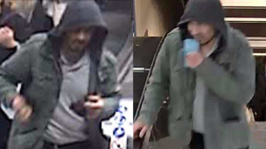 Two images of one man in a dark green jacket wearing a hood.