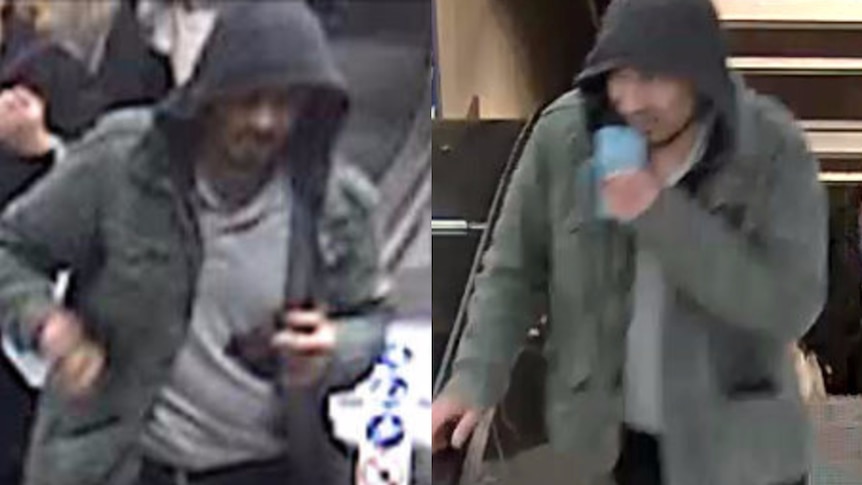 Two images of one man in a dark green jacket wearing a hood.