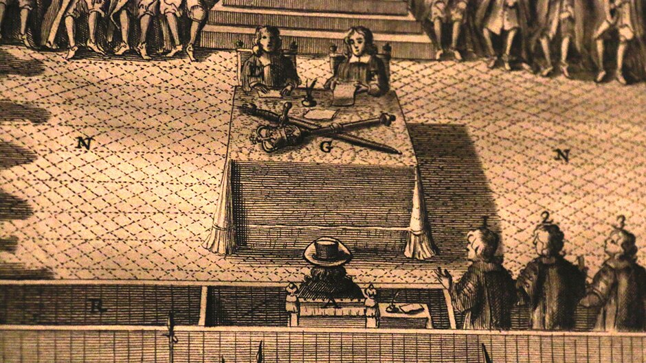 A depiction of King Charles, on trial for treason.