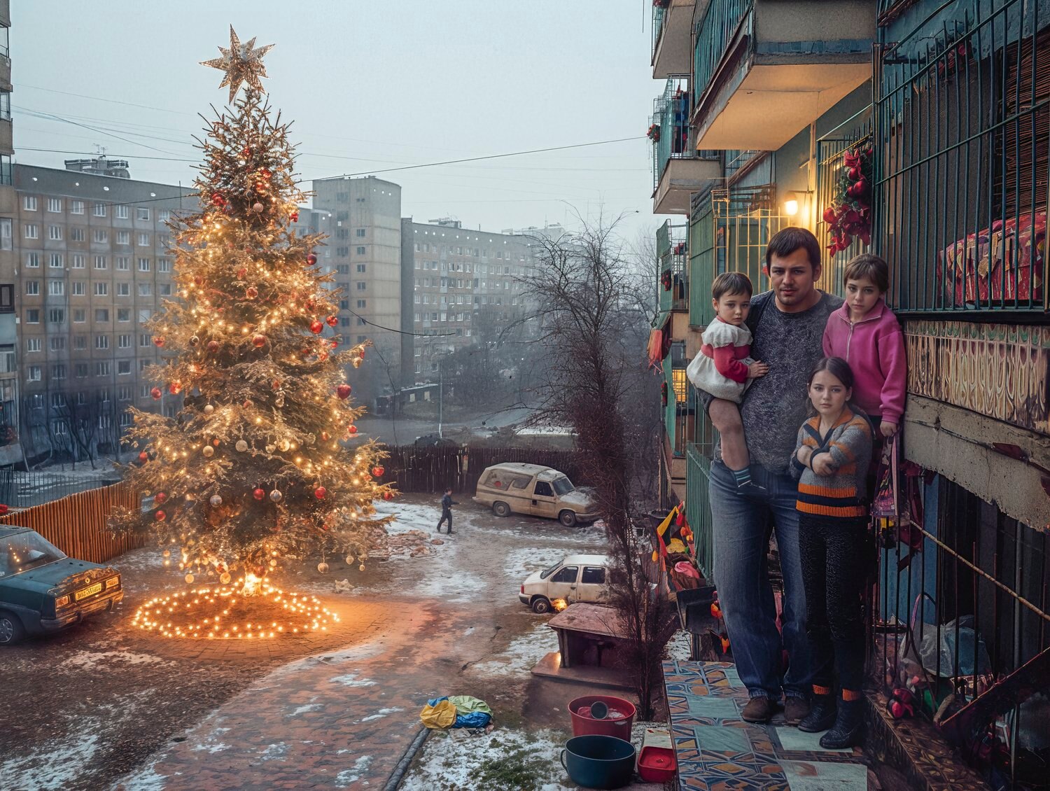 family stands on balcony with large christmas tree in background
