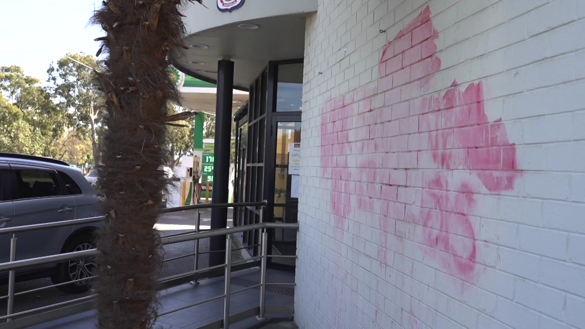 A pole wrapped in greenery stands next to a white brick wall with smeared pink paint.
