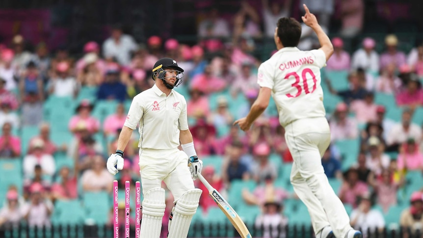 A dejected batsman turns to walk off as a bowler puts his finger in the air to signal a wicket.