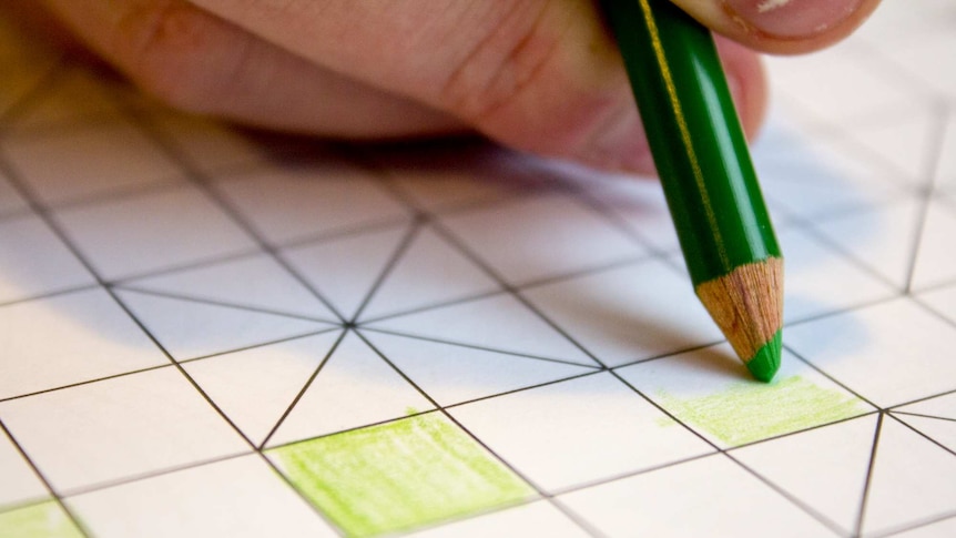 An adult hand colours a box with a green pencil