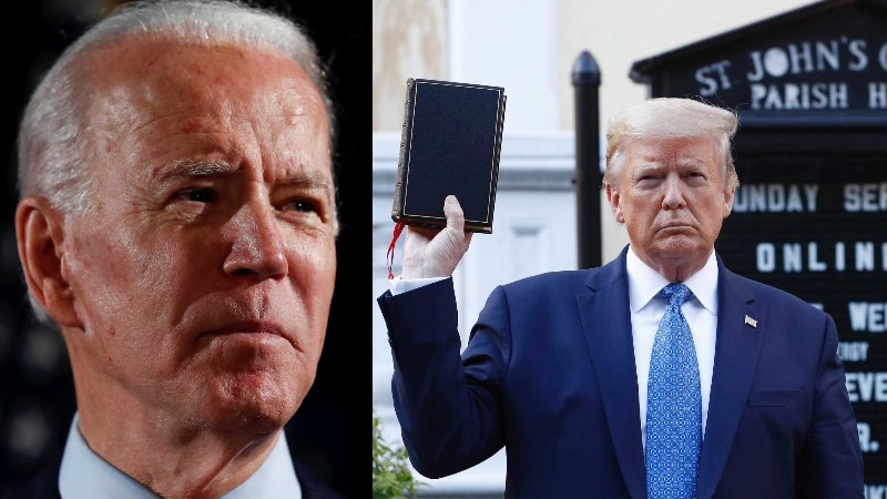 A composite image of Joe Biden's face (left) and Donald Trump holding up a bible in front of a church.