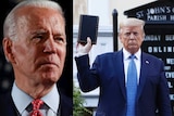 A composite image of Joe Biden's face (left) and Donald Trump holding up a bible in front of a church.